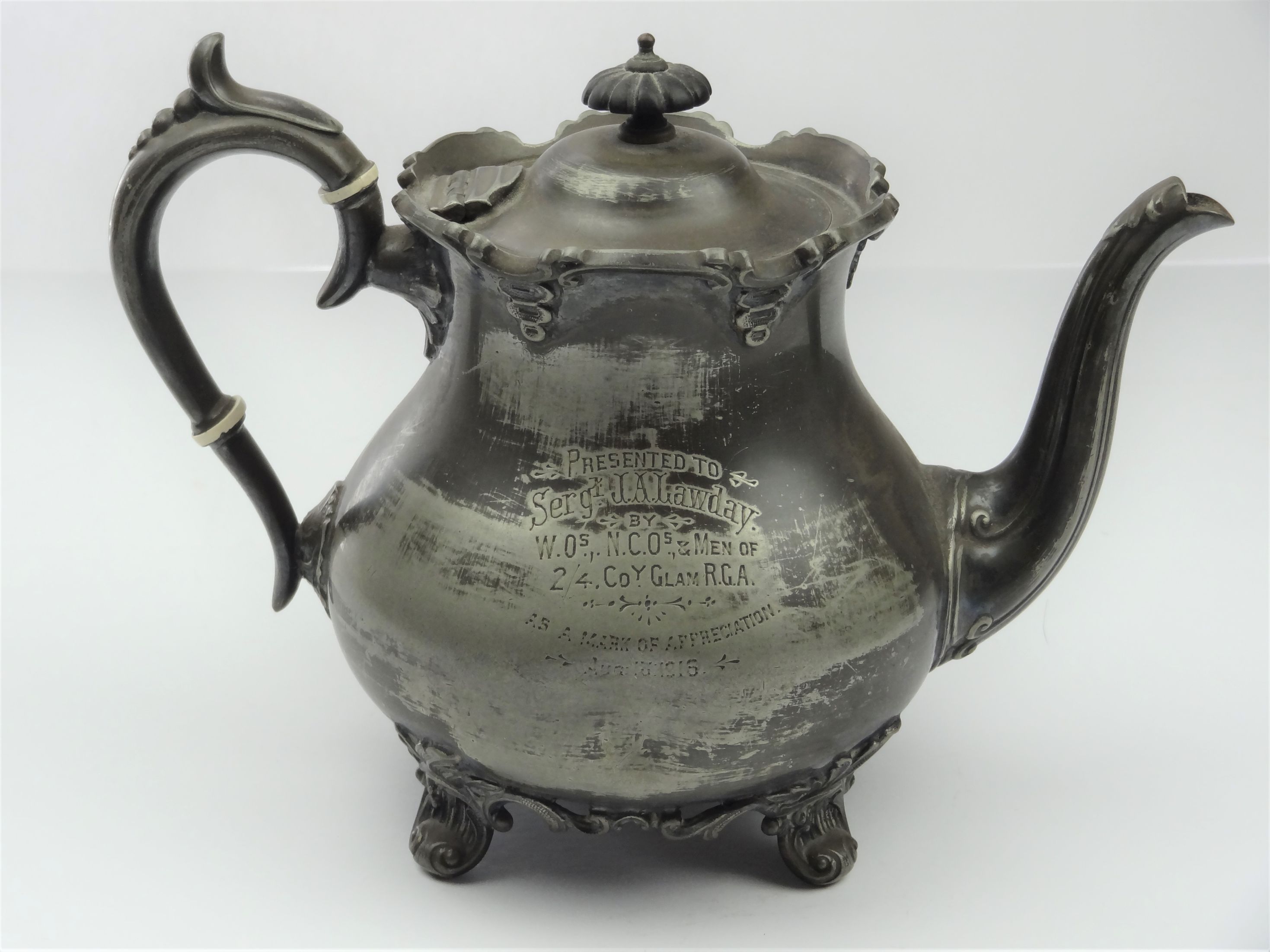 Military Antiques Electroplate Teapot Dedicated To Sergt J A Lawday By W O S N C O S Men Of 2 4th Coy Glam R G A 13 Aug 1916